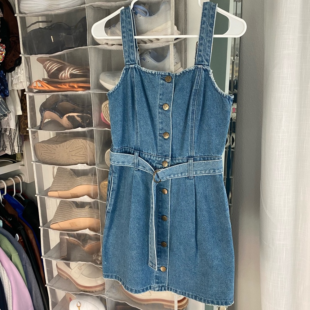 Denim Button Down Mini Dress with Matching Denim Belt and Adjustable Straps